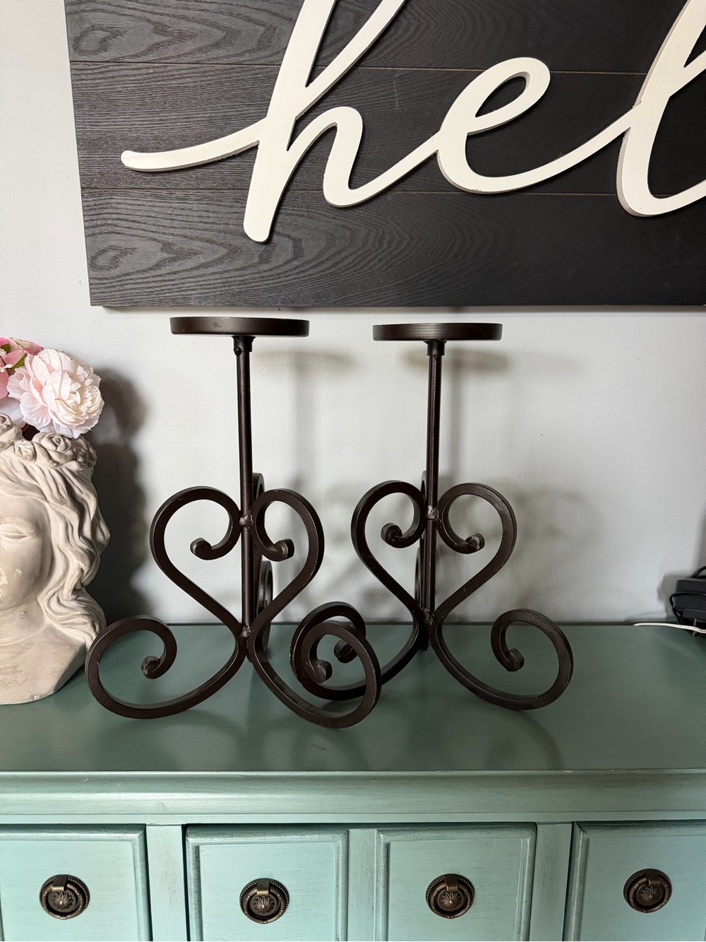 2 Wrought Iron black pillar candle holders heart scroll design base